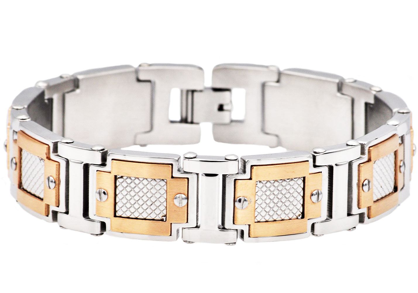 Men's Rose Gold & Silver Stainless Steel Diamond Cut Link Bracelet With Screw Accents