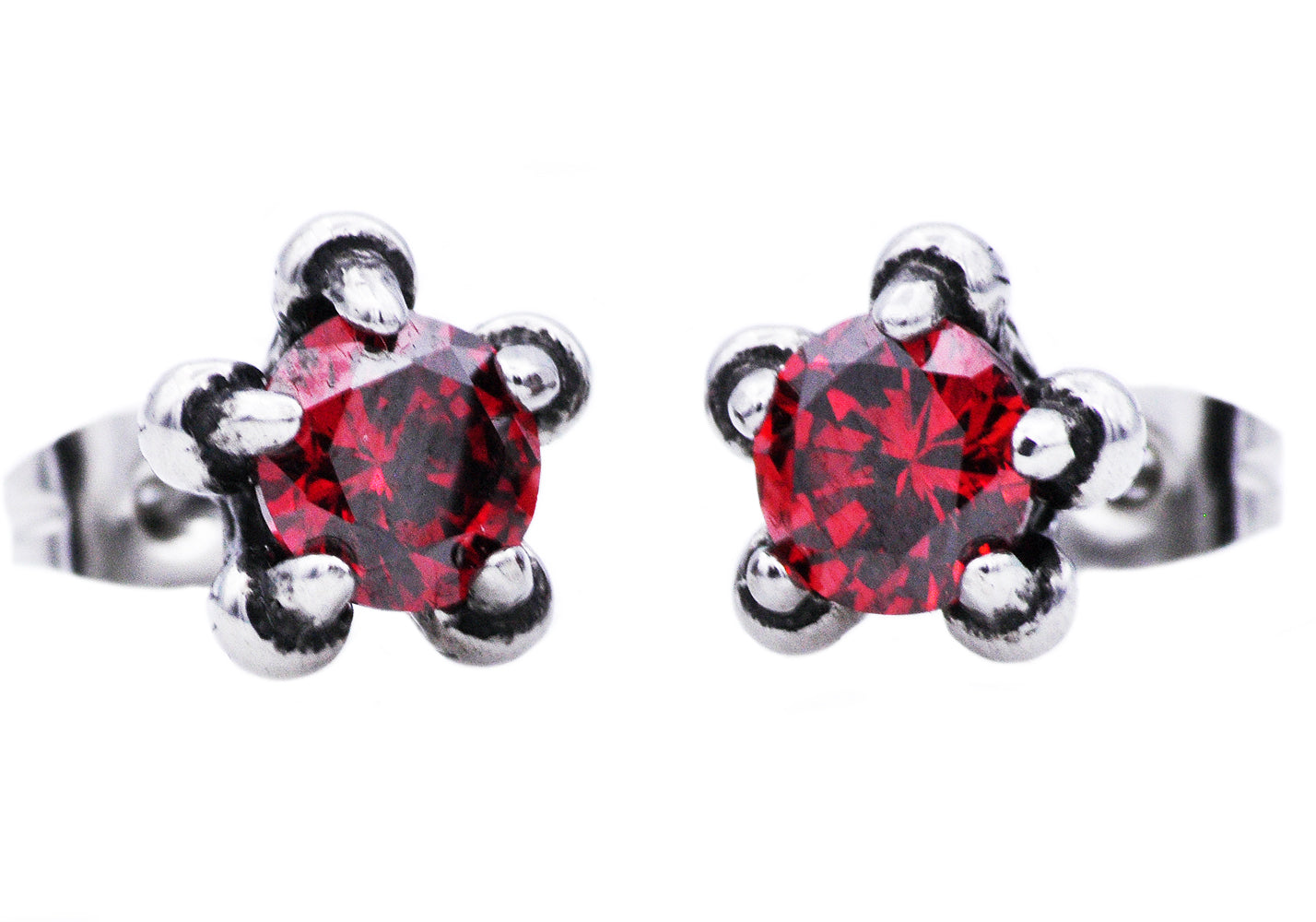Men's 10mm Stainless Steel Claw Earrings With Red Cubic Zirconia