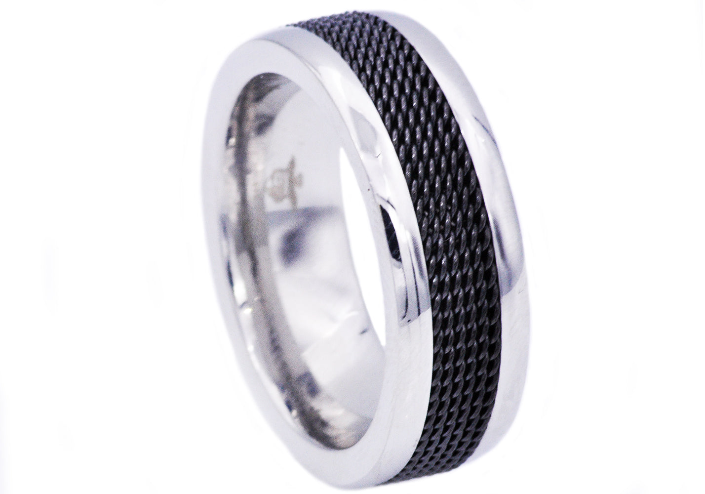 Men's 8mm Polished Stainless Steel Black Cable Inlay Ring