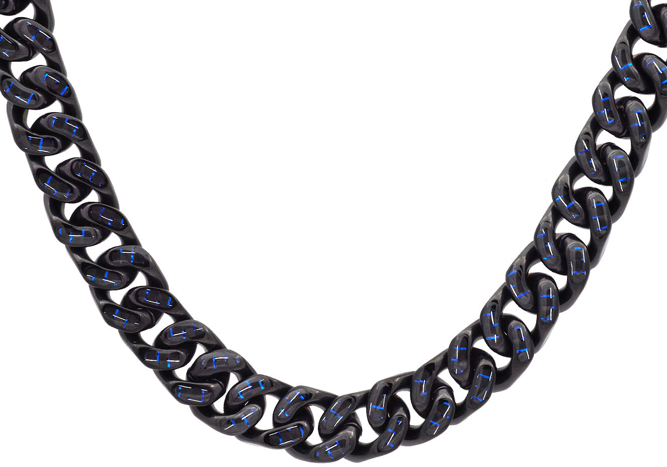 Men's 12mm Black Plated Stainless Steel Cuban Link Chain Necklace With Blue Carbon Fiber