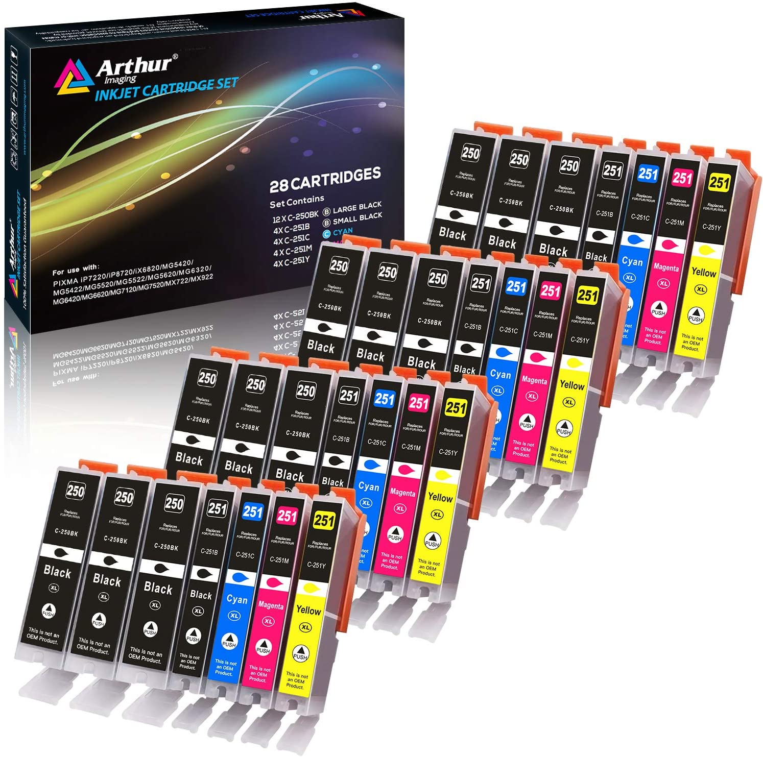 Arthur Imaging Compatible Ink Cartridge Replacement for Canon PGI-225XL CLI-226XL (12 Large Black, 4 Small Black, 4 Cyan, 4 Yellow, 4 Magenta, 28-Pack)