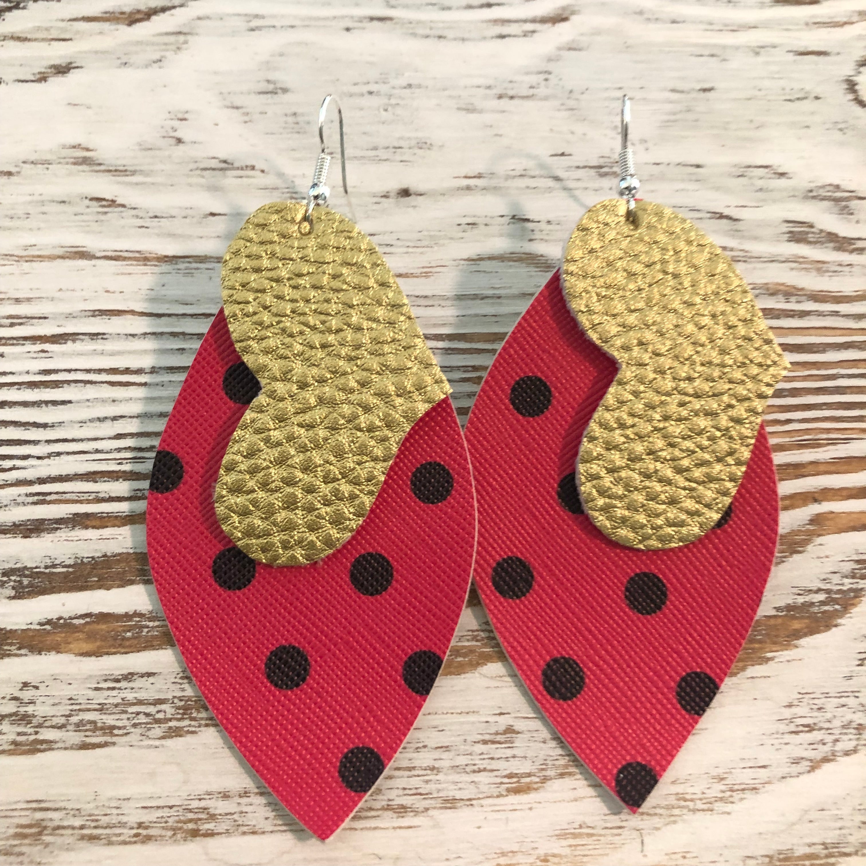 2 Layer Gold Heart Polka Dot Faux Leather Earrings