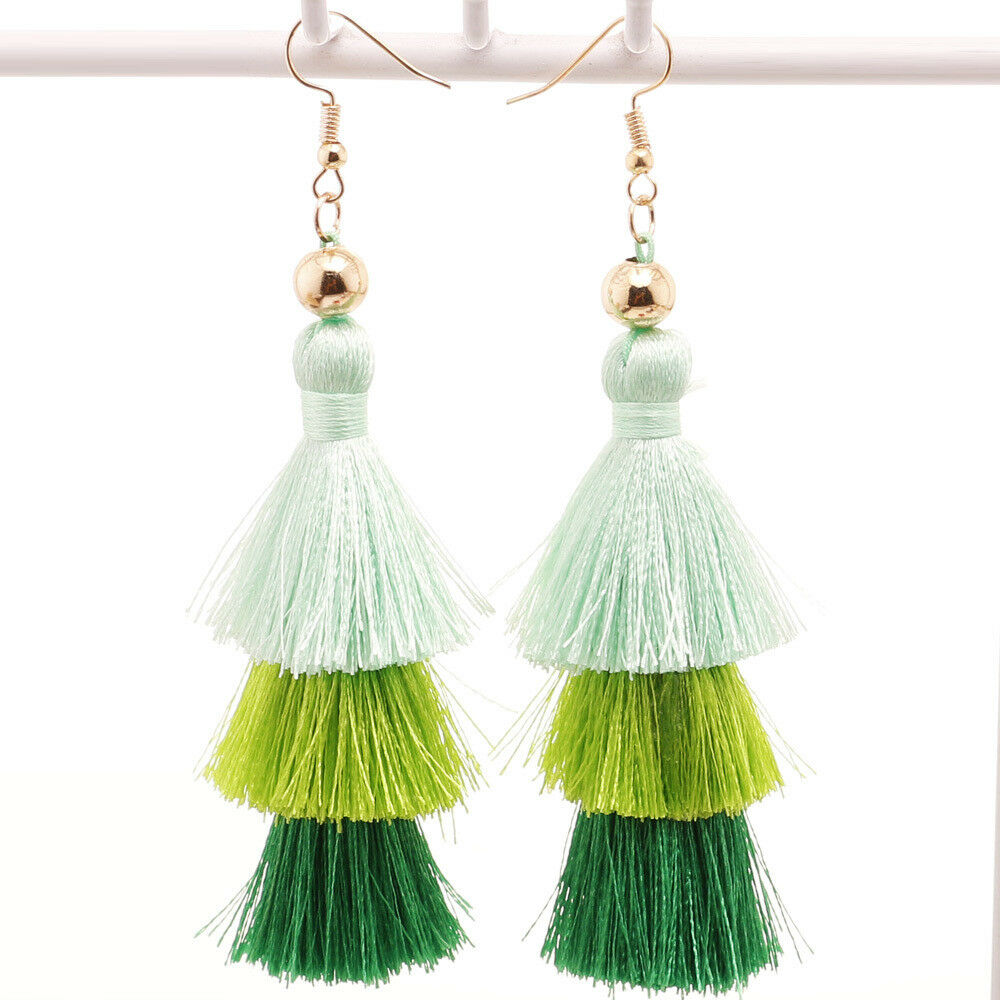 3 Layer Green Tassel Hanging Earrings
