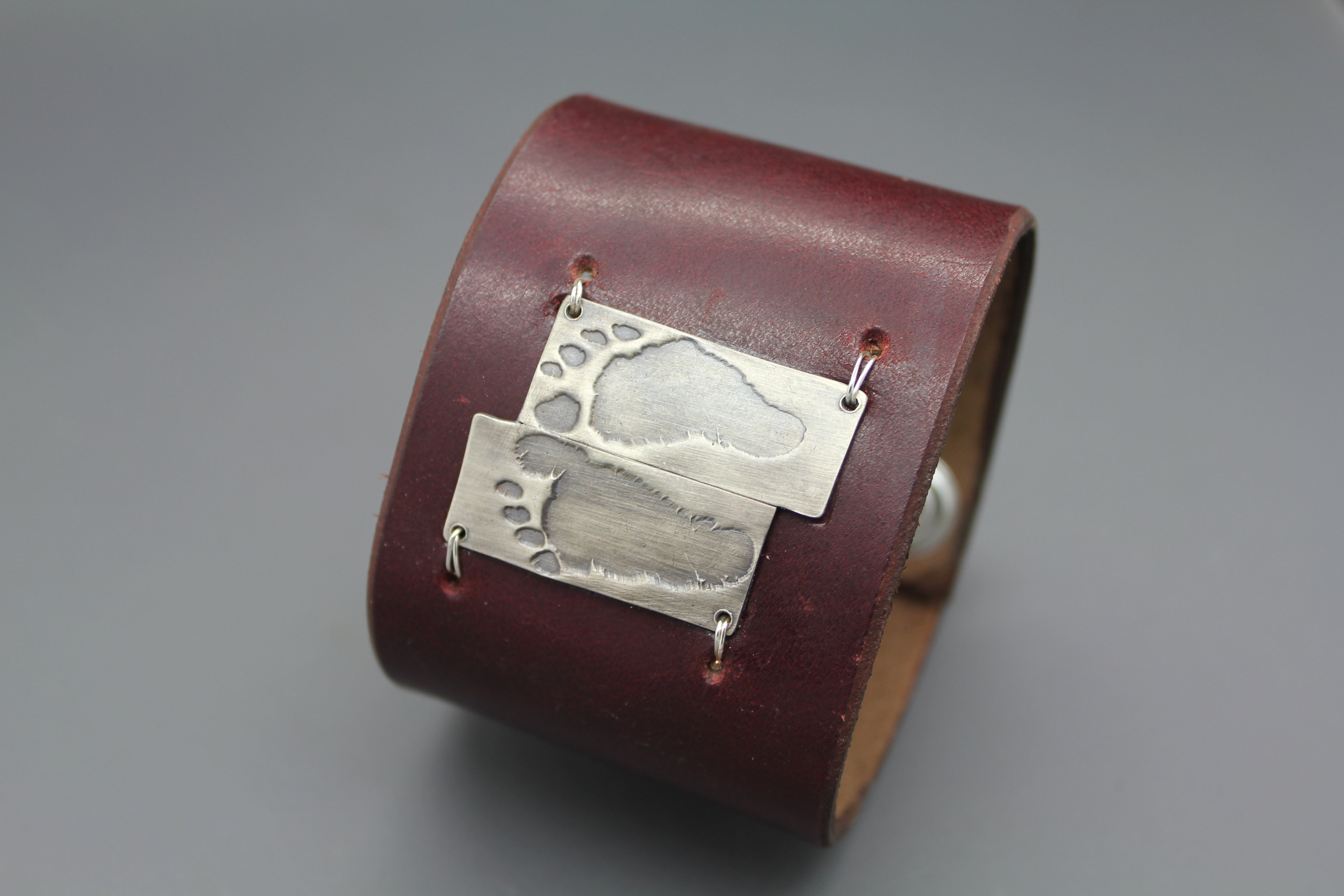 Custom Baby Foot Print Silver And Leather Cuff With Actual Feet Prints