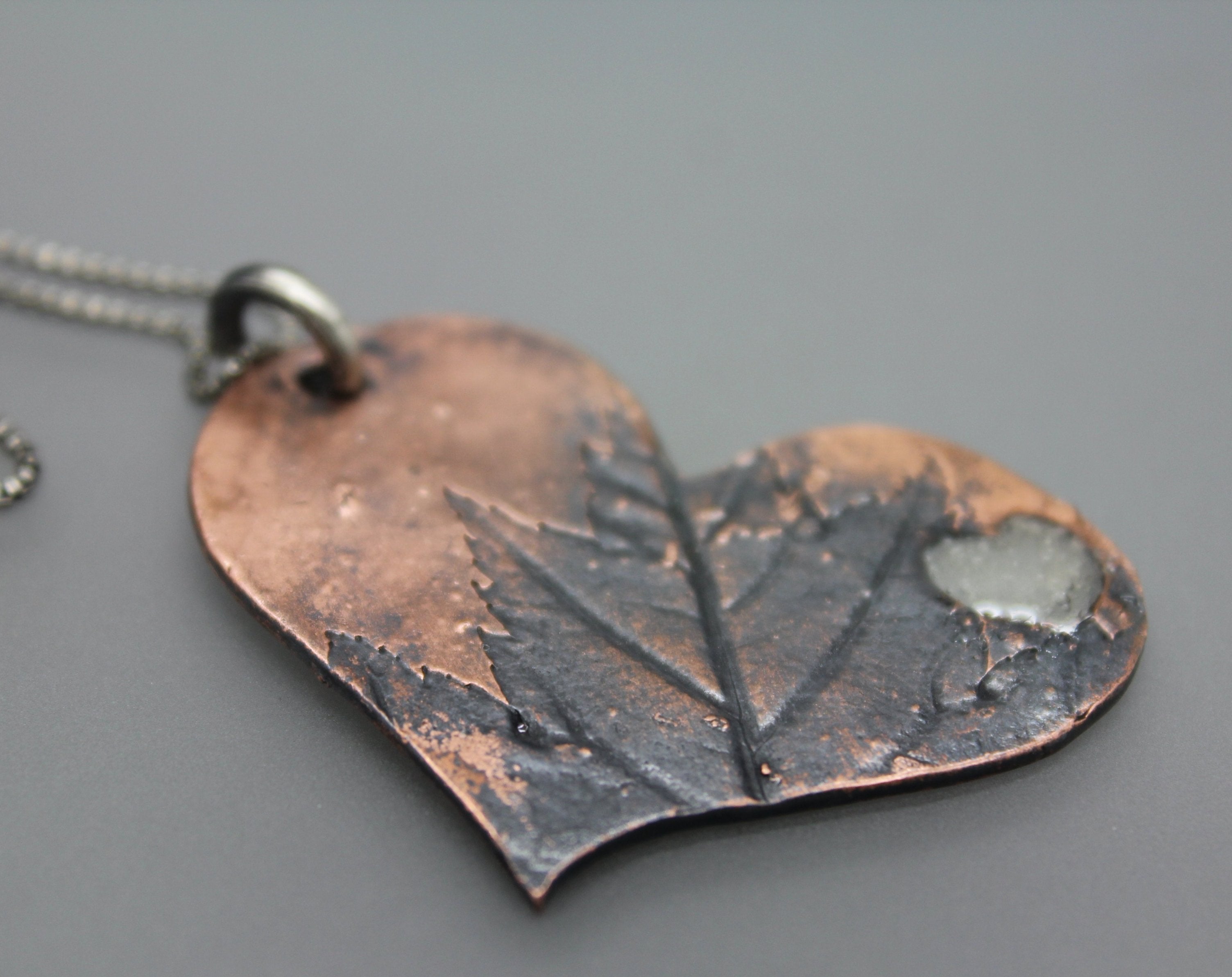 Copper Leaf Imprinted Heart Cremation Necklace