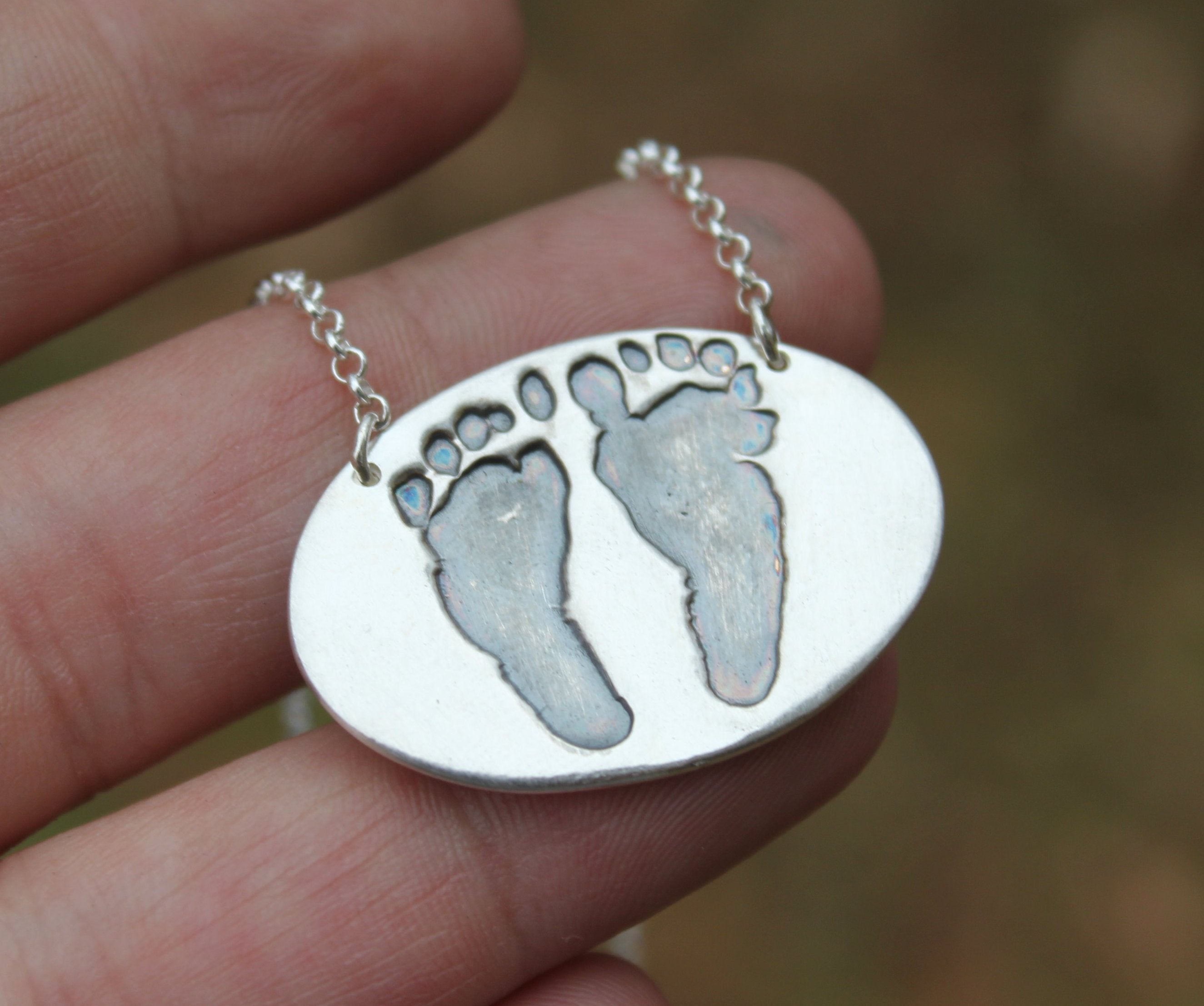 Custom Baby Footprint Oval Necklace in Silver