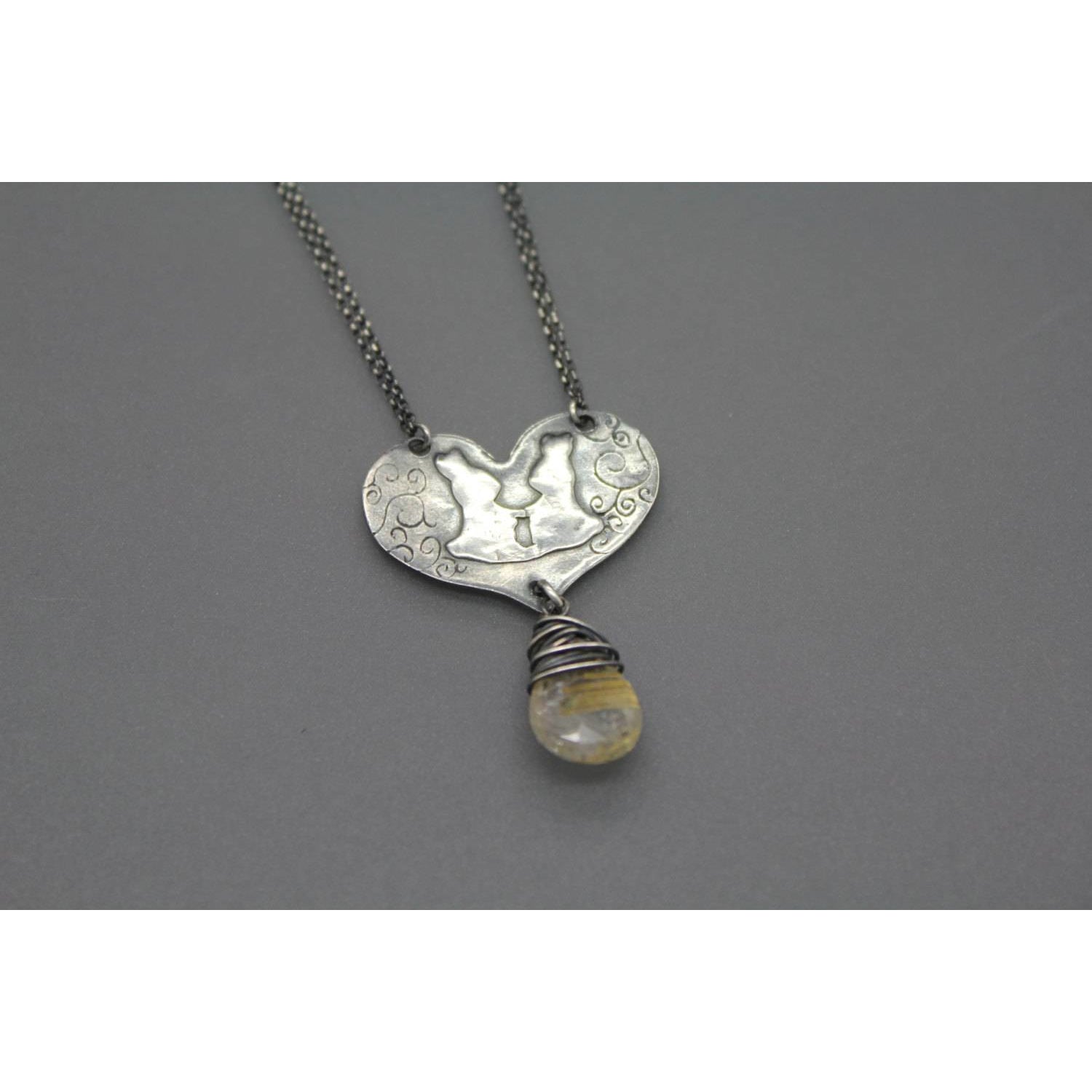 Bunny Love Heart Necklace Handmade In Silver With Rutilated Quartz