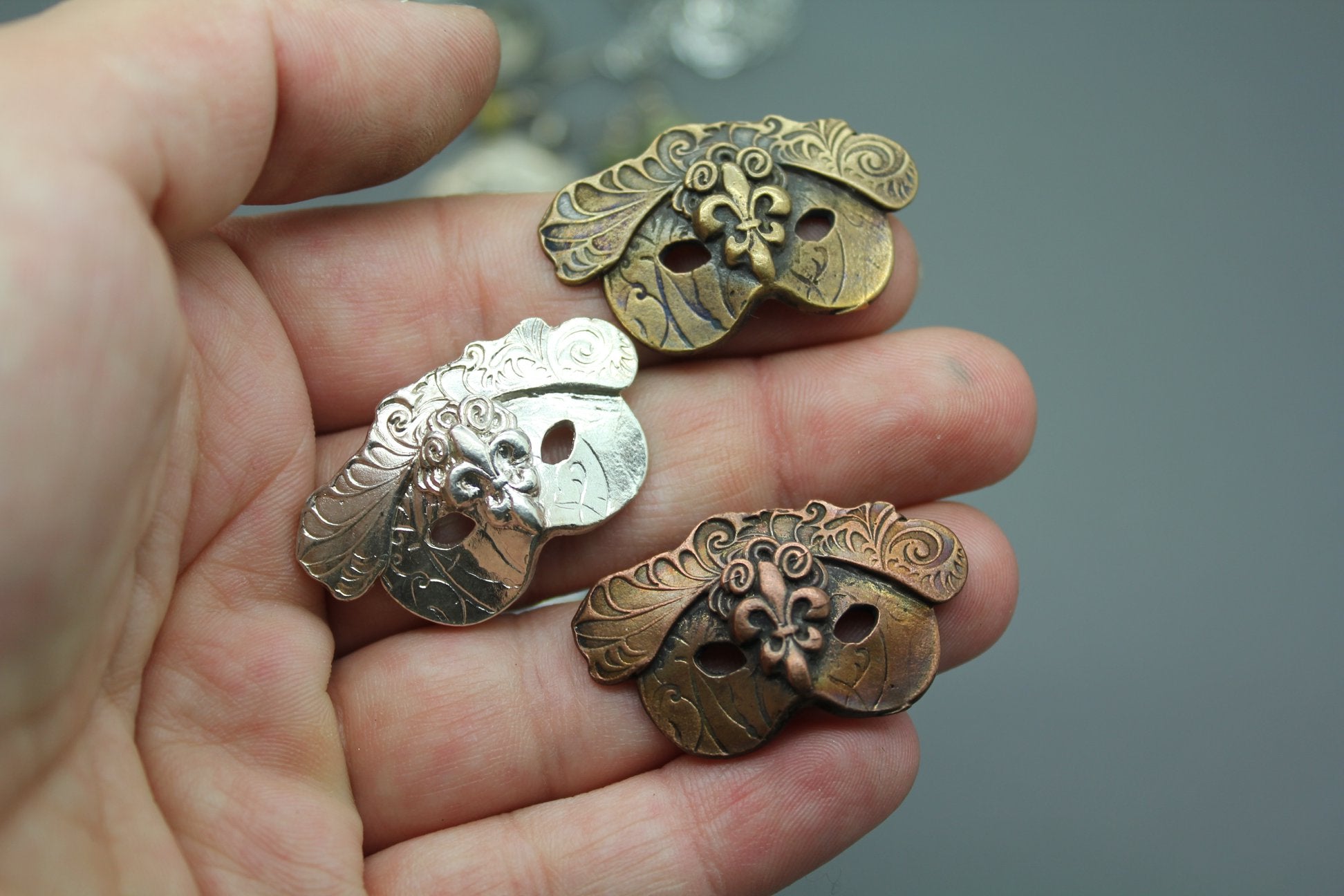 Carnival Mask Pendant, Available In Copper/Bronze/Silver