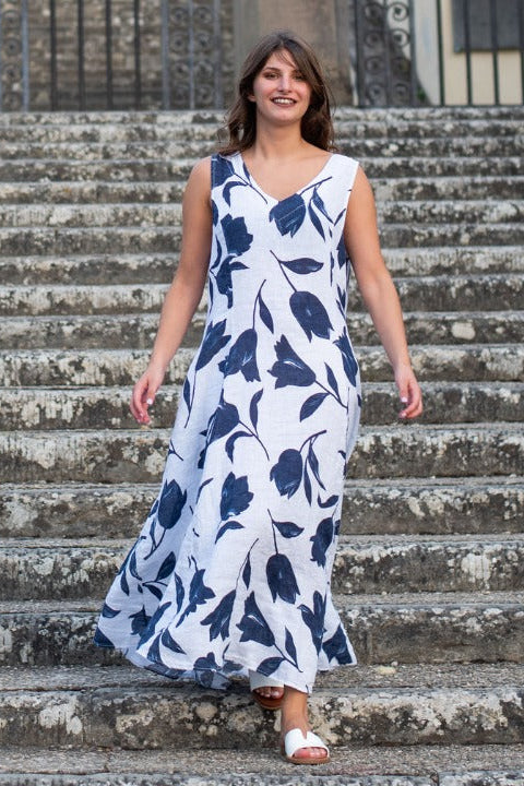 Luca Vanucci Tulips V Neck Linen Dress 1348